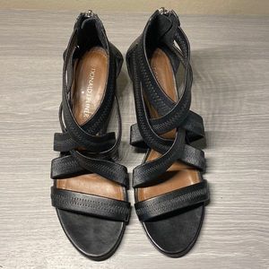 Donald J. Pliner Black Jemi Leather Strappy Wedge Open Toe Sandal size 6.5M